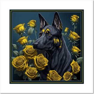 Belgian malinois yellow roses 2 Posters and Art